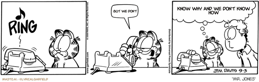 Original Garfield comic from September 3, 2008
Text replaced with lyrics from: Mr. Jones

Transcript:
• But We Don't
• Know Why And We Don't Know How


--------------
Original Text:
• *RING*
• Garfield:  Meow!  That was Liz. She wanted to talk to you, but I meowed her out of it.