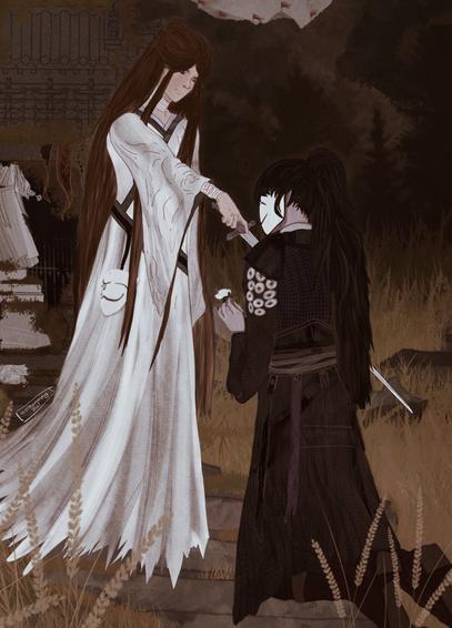 A drawing of Xie Lian and Wu Ming from Heavens Official Blessing done as a recreation Edmund Blair Leightons The Accolade.