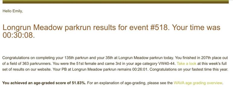 Screenshot of Emily’s Parkrun result of 30 mins and 8 seconds at Longrun Meadow number 518.