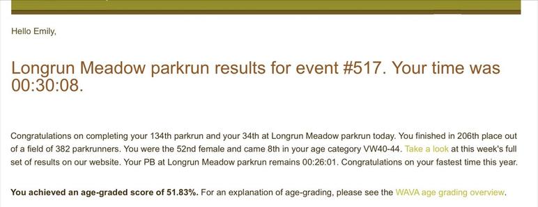 Screenshot of Emily’s Parkrun result of 30 mins and 8 seconds at Longrun Meadow number 517.