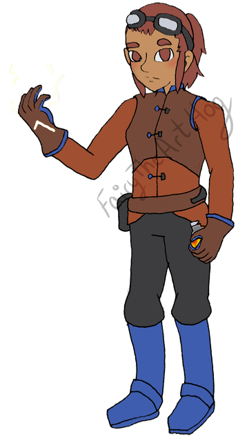 Woman wearing mostly brown attire with blue highlights; has brown hair put partially up in a ponytail; has goggles and gloves on. In her left she holds a bottle full of fire and in her right is flicks of electricity.