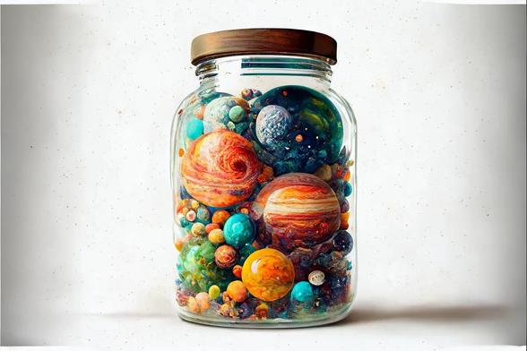 The image features a clear glass jar with a wooden lid, filled with colorful, spherical objects resembling planets. The jar is set against a plain, light-colored background, which enhances the vivid colors of the contents. The spheres vary in size and color, with prominent hues of orange, blue, green, and red. Some spheres have detailed textures and patterns, mimicking the appearance of planets like Jupiter and Saturn, with visible bands and spots. The arrangement of the spheres is random, creating a visually appealing and cosmic scene. The jar is filled to the brim, with the spheres densely packed, showcasing a miniature representation of the solar system.

Provided by @altbot, generated privately and locally using Ovis2-8B