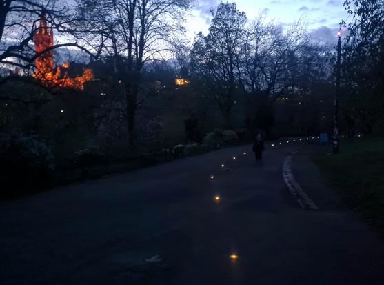 Lights marking the path through a Glasgow Park.