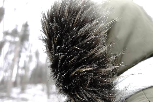 The image shows a close-up of a coat's hood with a fur trim. There are small snowflakes or ice particles visible on the fur. The background appears to be a wintry outdoor setting with blurred trees and snow.