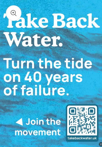 Text on a blue water background:
"Take back water. Turn the tide on 40 years of failure"