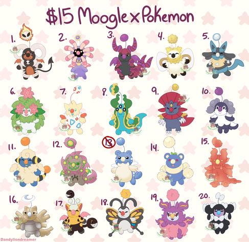 these are all pokemon fused with moogles from final fantasy!

we have, houndoom, lileep, scolipede, cutiefly, lucario, shaymin, togepi, gastropod, weavile, indeedee, mareep, spiritomb, spheal, jumpluff, slugma, shedinja, girafarig, beautifly, aromatisse, gothorita