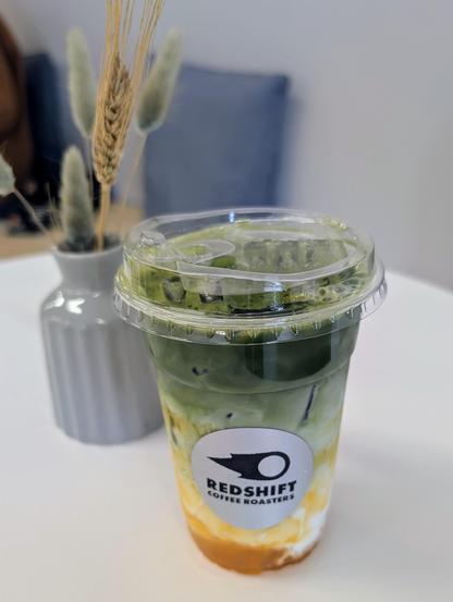 Summer Matcha with house-made peach jam at Redshift Coffee Roasters in Laguna Hills