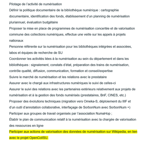 Pilotage de l’activité de numérisation
...
Participer aux actions de valorisation des données de numérisation sur Wikipedia, en lien avec le projet OpenCollSU.