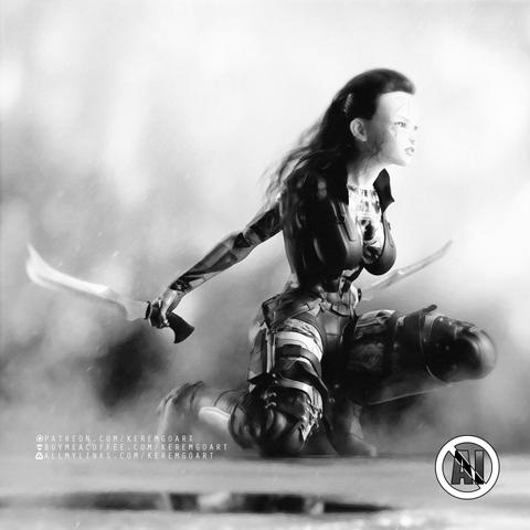 a strong and fit female cyborg warrior in a battle ground with double sword