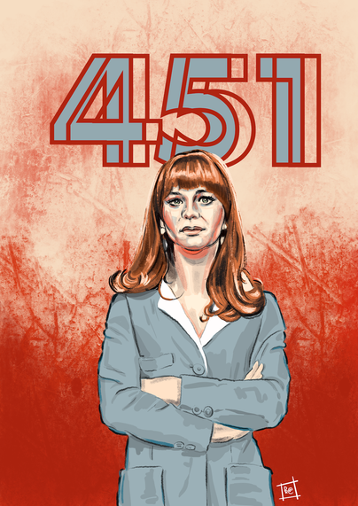 digital pencil & ink illustration of julie christie as she appeared in the 1966 film, 'fahrenheit 451'.
she stands with her arms crossed, looking directly at the viewer.
above her head is a stylised number 451.
colours are blue-grey, peach, tomato & brick red.