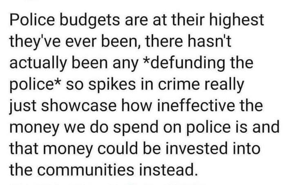 Police budgets are at their highest
they've ever been, there hasn't
actually been any *defunding the
police* so spikes in crime really
just showcase how ineffective the
money we do spend on police is and
that money could be invested into
the communities instead.