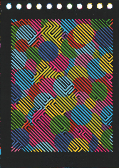 A plotter postcard of multicolored lines on a black background.  There are holes along the  top edge like for a ring binder.  The multicolored lines are made by scratching through a black coating.