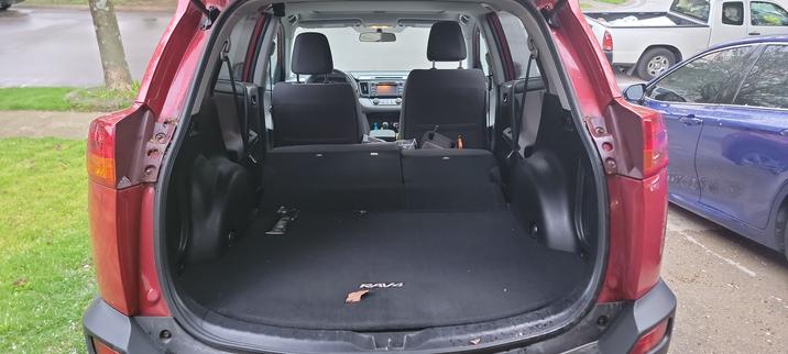 Ruthven the Rav4, viewed from the open rear door, empty.