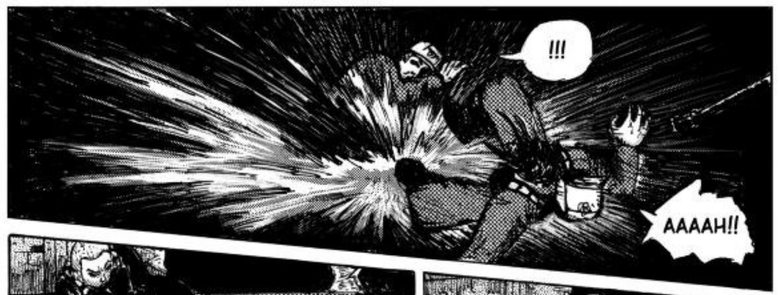Panel of a manga-style page showing something hitting the ground with big speed and making a big impact like an explosion. The two characters of the story, Charlie at the back and Maggie closer to the viewer get thrown off balance. Charlie tries to cover his face with his right arm and there is a speech bubble with !!! in it. Maggie is falling on her back, her baton leaving her hand and a speech bubble of her saying "AAAAAH!!"