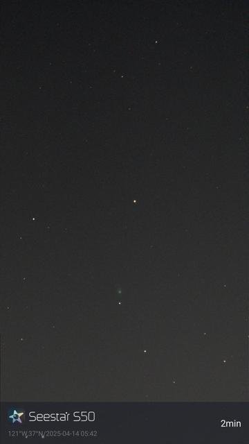 Portrait astrophoto of a faint, blue comet, nearly hidden amongst the night sky stars.