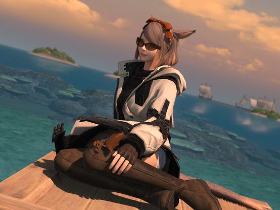 Young Miqo'te woman with short brown hair wearing sunglasses sitting on a crate by the water