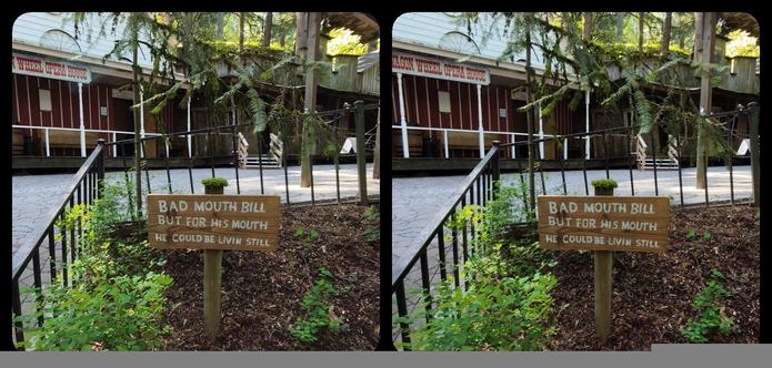Boot Hill in Enchanted Forest. It's a small, fenced in area of bare dirt with amusing, rhyming epitaphs painted on wooden grave markers. This one for Big Mouth Bill says "...if not for his mouth, he'd be here still."