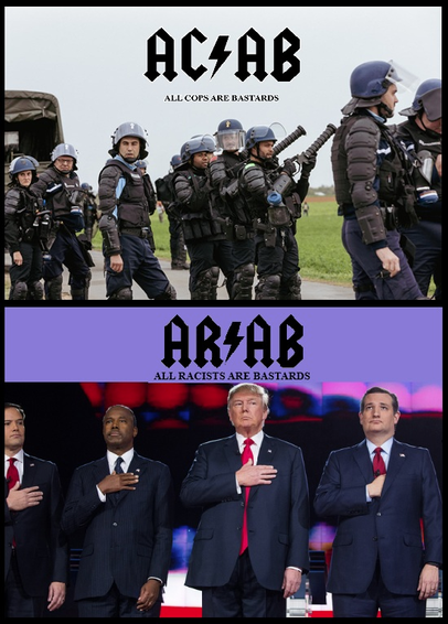2 photos : 
up= cops w/ACAB above
bottom= Trump+Rubio+2 other, hand on heart, stupid look w/ARAB above