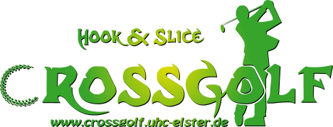 Logo der Crossgolf Gruppe Hook & Slice aus dem Landkreis Wittenberg. Darauf ein Golfer, der Abschlägt und der Webadresse www.crossgolf.uhc-elster.de