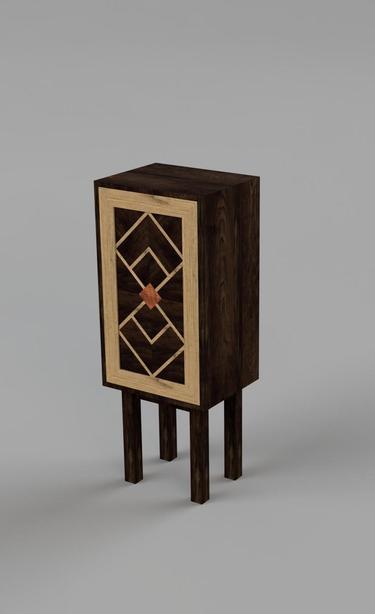 A rendering of a walnut and white oak cabinet that is has a roughly 1:2 ratio between width and height.