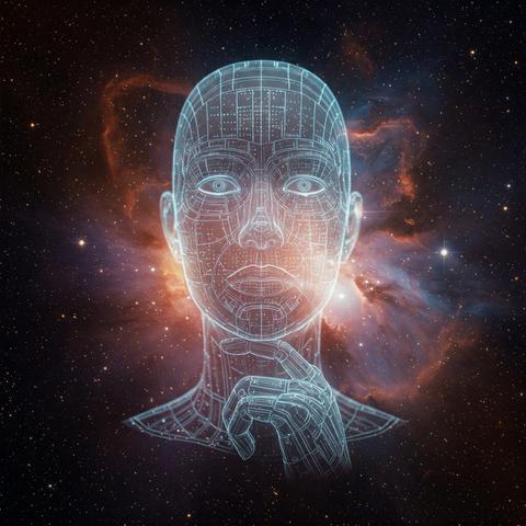 Darstellung einer Künstlichen Intelligenz im Stil eines Hologramms vor einem Sternenhimmel.