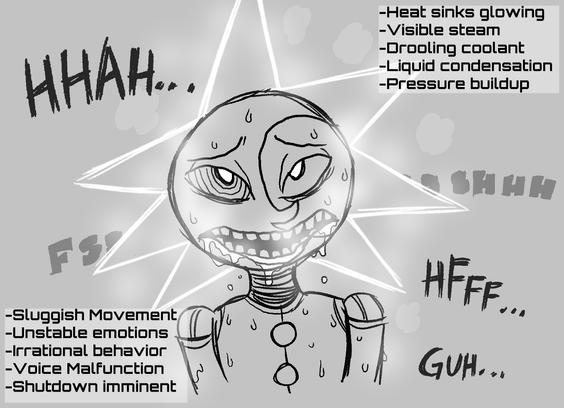 A poor Sun animatronic now suffering from being heatdrunk. Sweaty, steaming, completely out of it. Text reads: 
-Heat sinks glowing
-Visible Steam
-Drooling coolant
-Liquid condensation
-Pressure buildup
-Sluggish Movement
-Unstable emotions
-Irrational behavior
-Voice malfunction
-Shutdown imminent #wootart