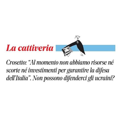 Crosetto: "Al momento non abbiamo risorse né scorte né investimenti per garantire la difesa dell'Italia".

Non possono difenderci gli ucraini?
