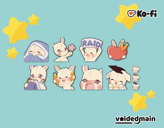 promotional image of bunny emotes, featuring various expressions and activities. They include a bunny wrapped in a blanket, another holding a flower, one with a "RAID" sign, a heart, one who takes notes, a cheering one, a screaming one, and one who gets head pats.