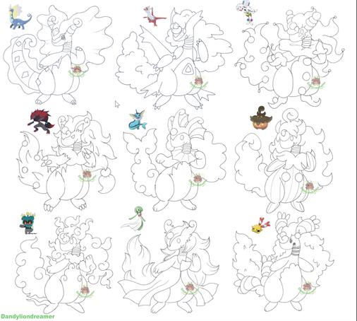 sketches of pokemon fusions of mega ampharos!

these include: aurorus, latias, blacephalon, zoroark, vaporeon, pumpkaboo, marshadow, gardevior, and chingling!

#promosky #artsky #ocsky