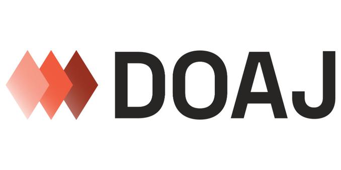 DOAJ in black capital letters, three diamond shapes prior to letters in shades of orange