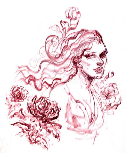 A calligraphy ink drawing of an androgynous woman and flowers