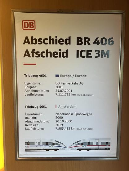 Ein Wandplakat mit Informationen über zwei Hochgeschwindigkeitszüge (Triebzug 4601 und Triebzug 4651), die von der DB Fernverkehr AG bzw. der Nederlandse Spoorwegen betrieben werden. Es enthält Details wie Eigentum und Herstellungsjahr.