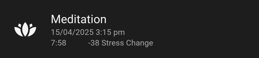 A breathwork meditation logged by Garmin records a minus 38 point change in stress level
