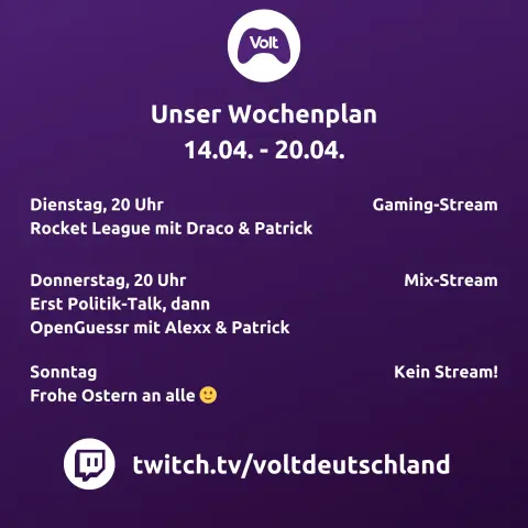 Piktogram einer Konsole, Link auf Twitch-Account

Wochenplan 14.4.-20.4. in Textform (wie im Post)

Dienstag, 20 Uhr 
Gaming-Stream
Rocket League mit Draco & Patrick

Donnerstag, 20 Uhr
Mix-Stream
Erst Politik-Talk, dann OpenGuessr mit Alexx & Patrick

Ostern: Kein Stream

Frohe Ostern!