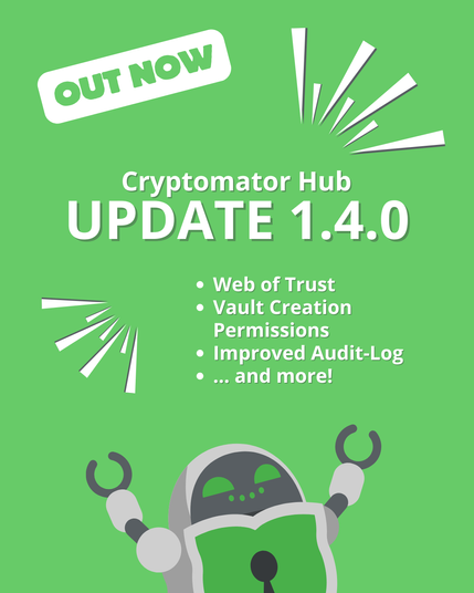 Bright green release graphic for Cryptomator Hub 1.4.0, featuring a happy robot mascot and highlights like Web of Trust, Vault Creation Permissions, and Improved Audit-Log, under the headline “OUT NOW”.