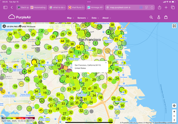 Screenshot: PurpleAir map centered on 94110, San Francisco, depicting an abundance of green circles denoting individual air quality sensors with healthy readings
