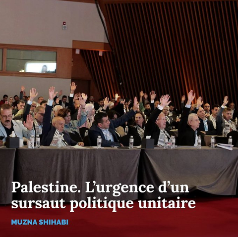 texte :
Palestine. L'urgence d'un sursaut politique unitaire
MUZNA SHIHABI

image d'arrière-plan (photo) : 

Doha, 19 février 2025. Session de travail lors de la conférence nationale palestinienne. À droite, en bout de table, Mostafa Barghouti, secrétaire général de l’Initiative nationale palestinienne. National Conference for Palestine / Facebook