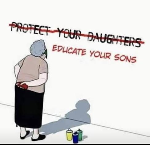 Cartoon-style street art showing an elderly woman holding a red spray paint can, standing in front of a wall where the words "PROTECT YOUR DAUGHTERS" are crossed out in black and replaced with the message "EDUCATE YOUR SONS" written in red. The woman stands near three spray cans on the ground—green, yellow, and blue—casting a long shadow on the white wall. The image delivers a powerful feminist message, shifting the focus from shielding girls to raising responsible boys.