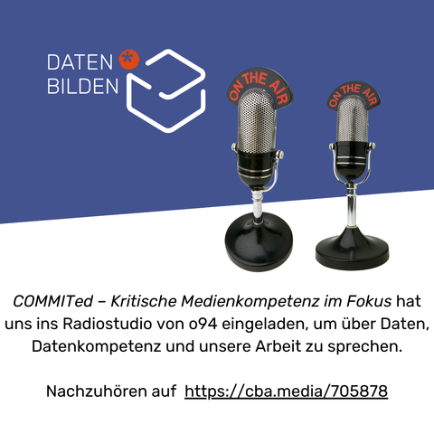 Zu sehen ist das Logo von Daten*bilden und zwei Mikrophone, wo in rot darüer "on the air" steht. Darunter ist der Text, der auch im Post steht.