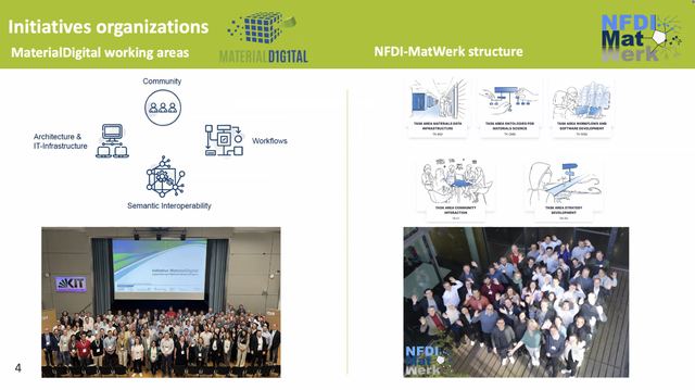slide showing group pictures of the PMD consortium (left) and the NFDI-MatWerk consortium (right) in which our ISE research group is involved by providing expertise on ontologies and knowledge graphs.