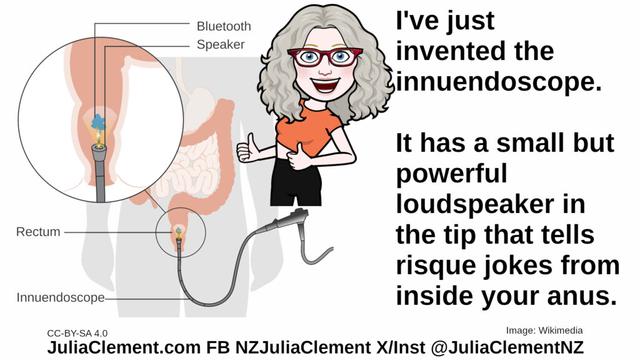 Julia stands beside a diagramme of a colonoscope with the captions changed to Bluetooth, speaker, rectum & innuendoscope. Text: I've just invented the innuendoscope. It has a small but powerful loudspeaker in the tip that tells risque jokes from inside your anus.