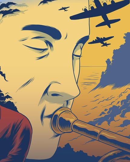Detail from the cover: the main character, with his eyes closed, depicted in the act of blowing his trumpet. In the background, the sea, clouds, the silhouette of a rocky coastline. WW2 bomber aircrafts seen from below.