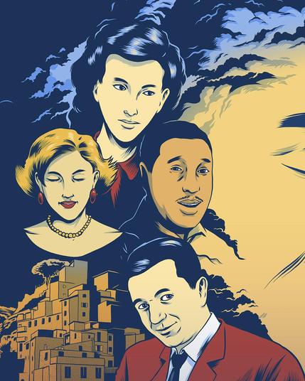 Detail from the cover: various characters from the comic (just the heads), in the background a detail view of the city of La Spezia.