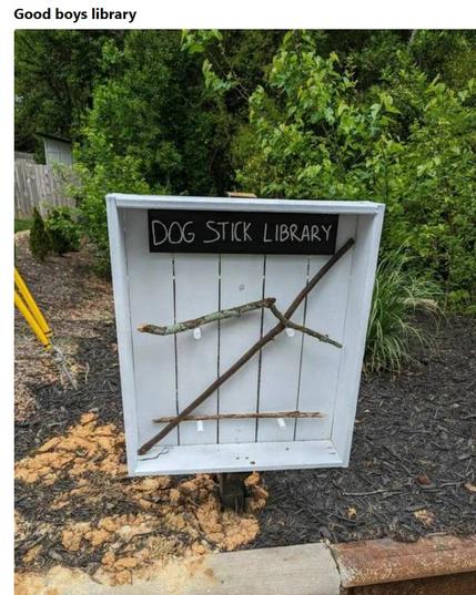 Image of a public shelf with three sticks in it. There is a sign on the shelf saying "Dog stick library".