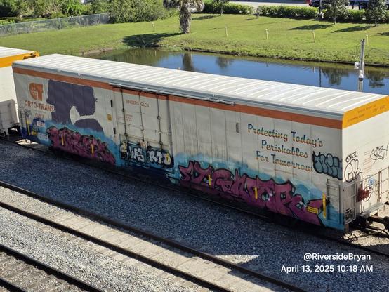 Colorful refrigerated boxcar with graffiti on a passing train.