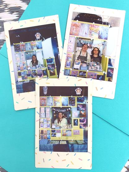 photo of three polaroids showing Dinchen at her Artist Alley booth at different events