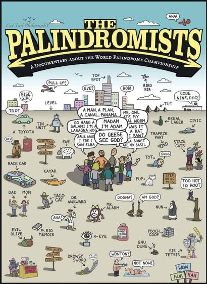 Image un peu fourre-tout avec des dizaines de personnages qui prononcent ou sont décrits avec des palindromes en anglais, comme "Mr. Owl ate my metal worm".