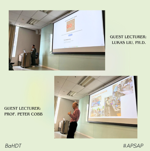 Photos of Dr. Peter Cobb and Dr. Lukas Liu presenting in the XR guest lecture