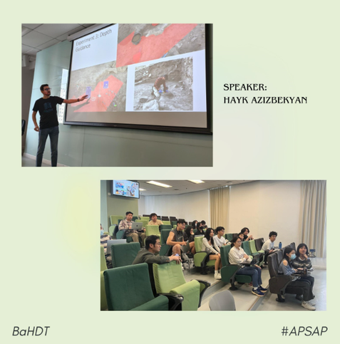 Photos of Mr. Hayk Azizbekyan presenting and students from HUDT2205 in the XR guest lecture