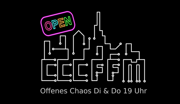 Banner mit CCC-FFM Logo und Text: Offenes Chaos Dienstag und Donnerstag ab 19 Uhr